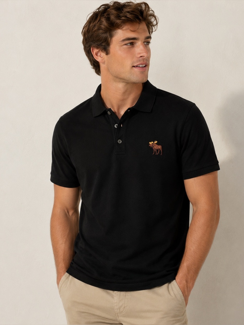 Abercrombie & Fitch Pique Black Polo Large Embroidered Moose Icon Logo Sz Medium